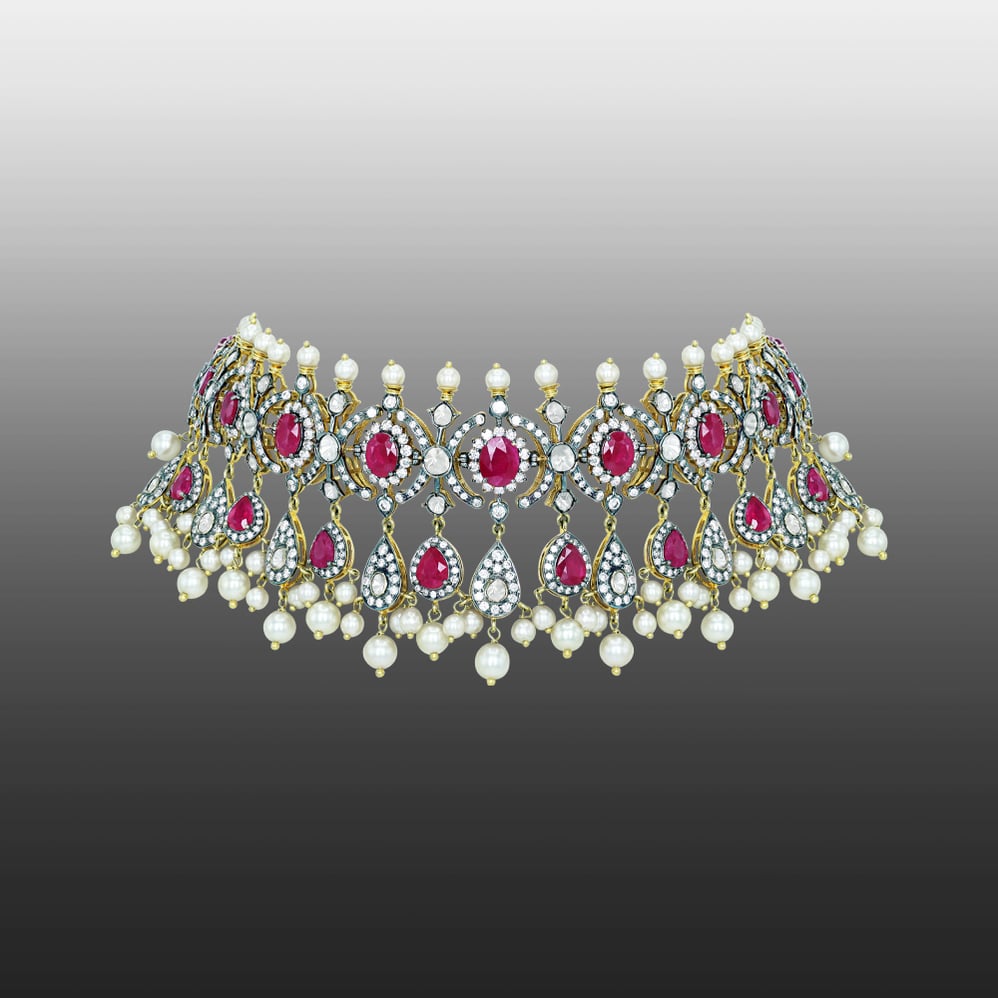 Antique-Finish Choker with Ruby, Diamonds, Polki Clusters, and Pearl Drops